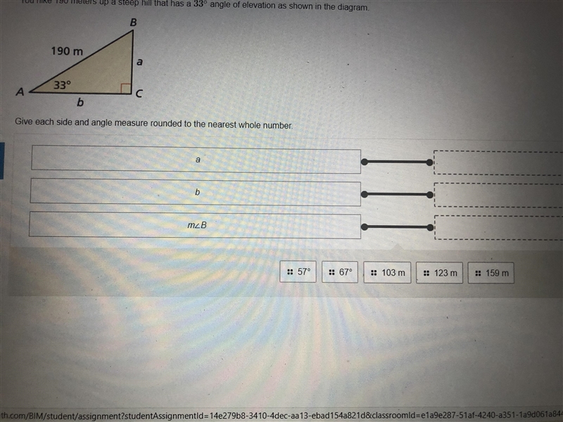 You hike 190 meters up a steep hill that has a 33∘ angle of elevation as shown in-example-1