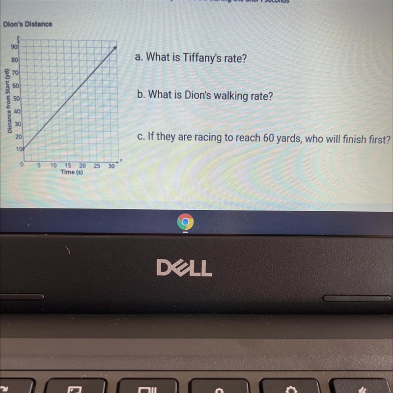 Tiffany and Dion are having a walking race. The equation and graph show the distance-example-1