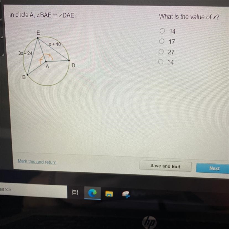 In circle A, ZBAE ZDAE. What is the value of x?-example-1