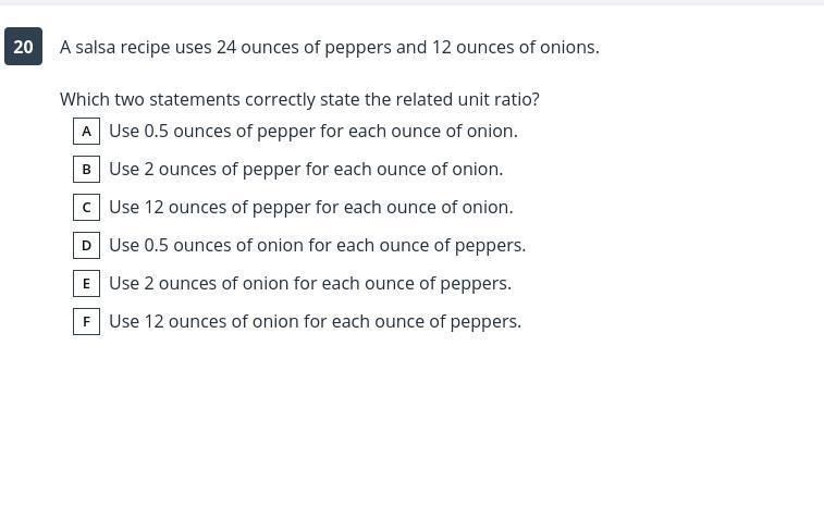 A salsa recipe uses 24 ounces of peppers and 12 ounces of onions. need help-example-1