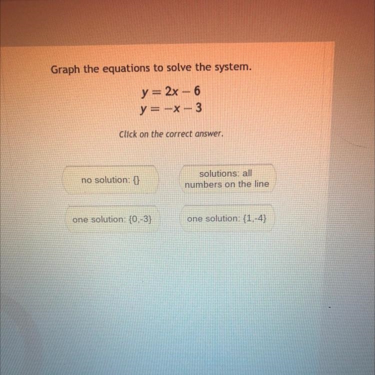 Graph the equations to solve the system. y = 2x - 6 y = -x-3 Click on the correct-example-1