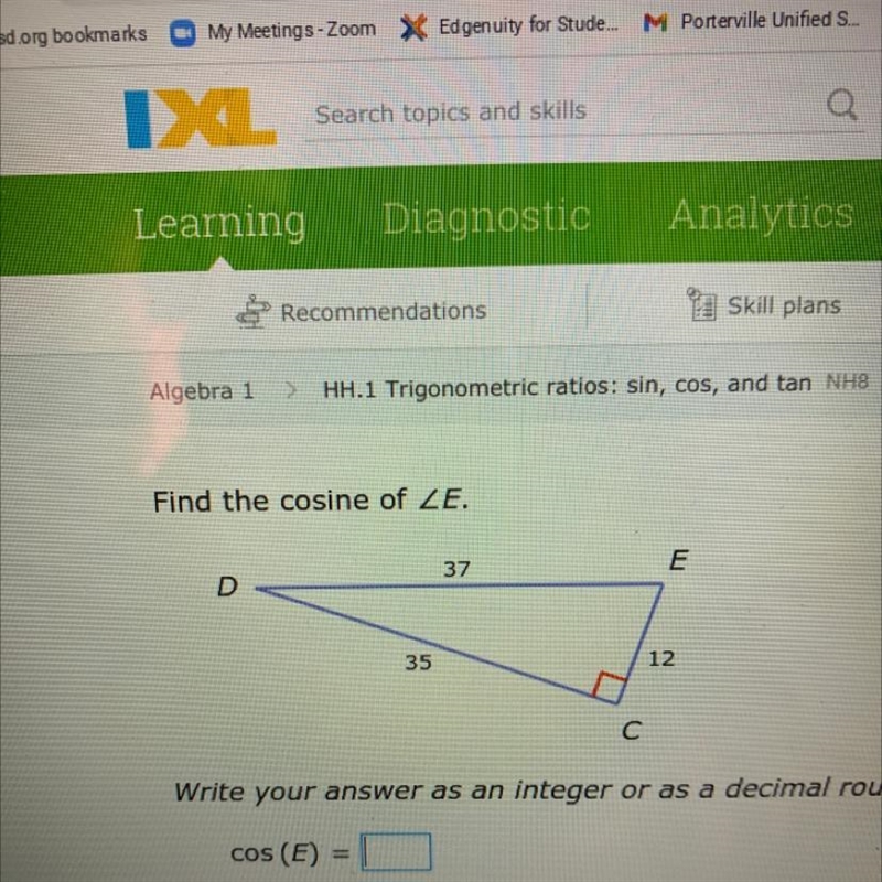 Find the cosine of ZE. 37 E D 35 12 с-example-1