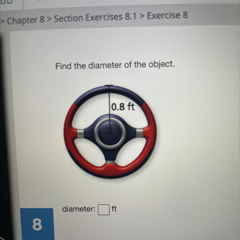 Find the diameter of the object (0.8ft)-example-1