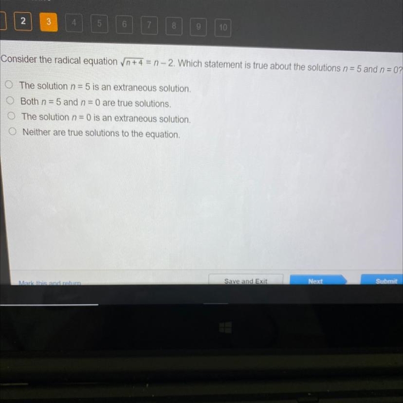 Consider the radical equation √n+ 4 = n-2. Which statement is true about the solutions-example-1