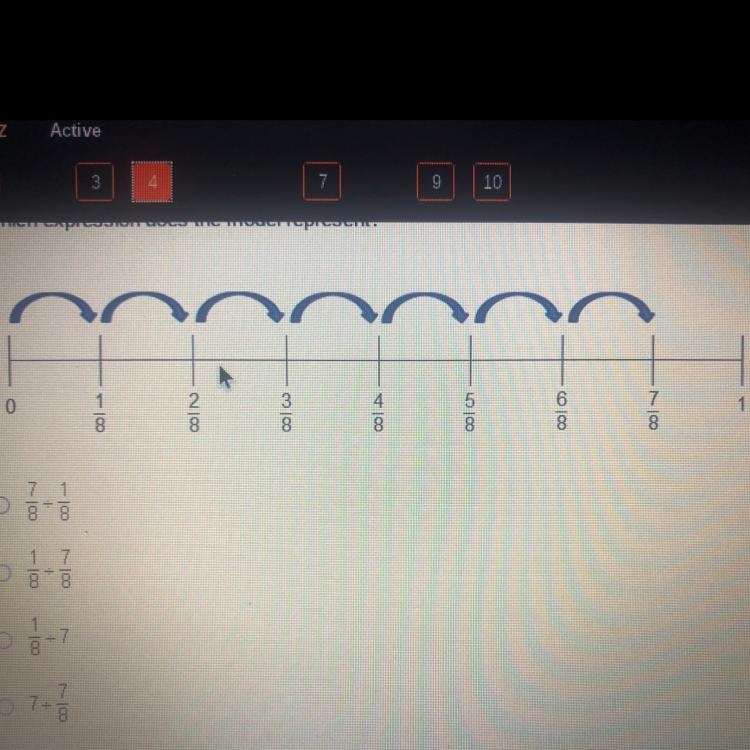 Which expression does the model represent? A.7/8 divided by 1/8 B.1/8 divided by 7/8 C-example-1