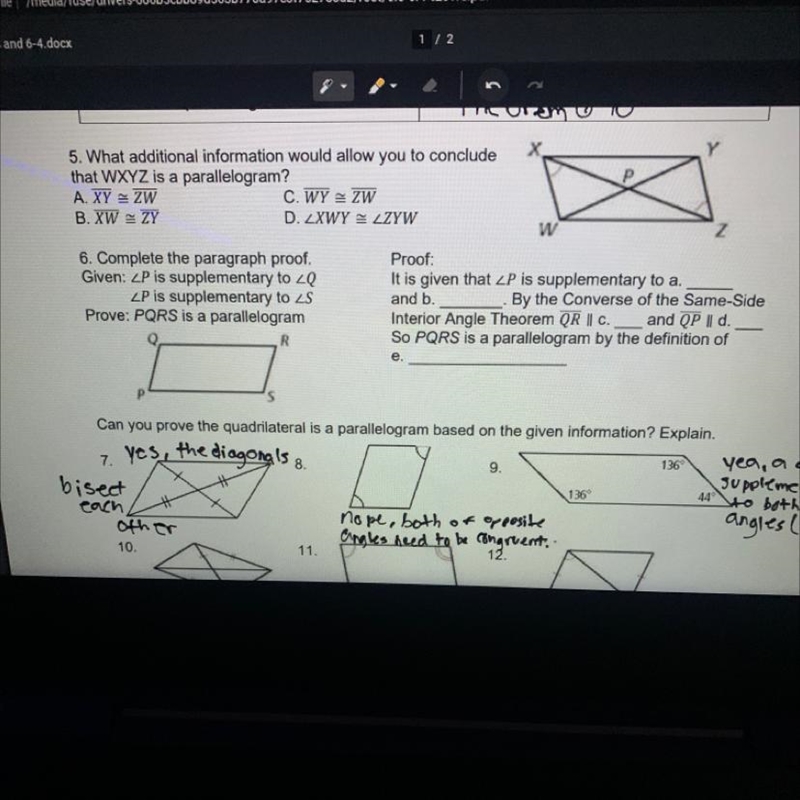 5. What additional information would allow you to conclude that WXYZ is a parallelogram-example-1