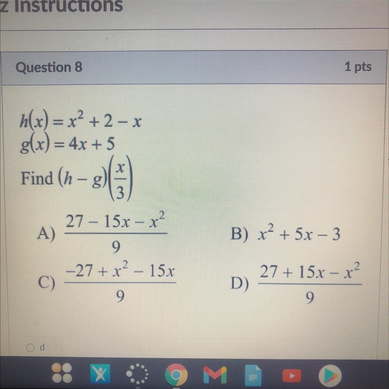 H(x) = x^2 + 2 - x g(x) = 4x + 5 find (h - g) (x/3)-example-1