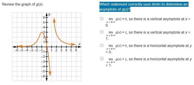 Which statement correctly uses limits to determine an asymptote of g(x)?-example-1