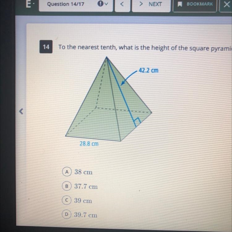 To the nearest tenth, what is the height of the square pyramid shown below?-example-1