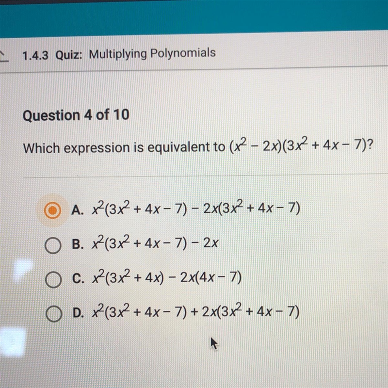 Which expression is equivalent to (x2 – 2x)(3x2 + 4x - 7)?-example-1