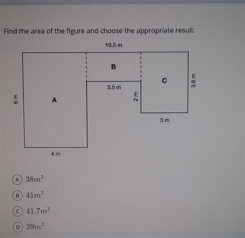 Find the area of the figure and choose the appropriate result, 10.5 m B 3.8 m 3.5 m-example-1