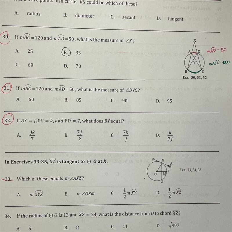 (question 31) if arc mBC =120 and arc mAD =50 whatis the measure of angle DYC-example-1