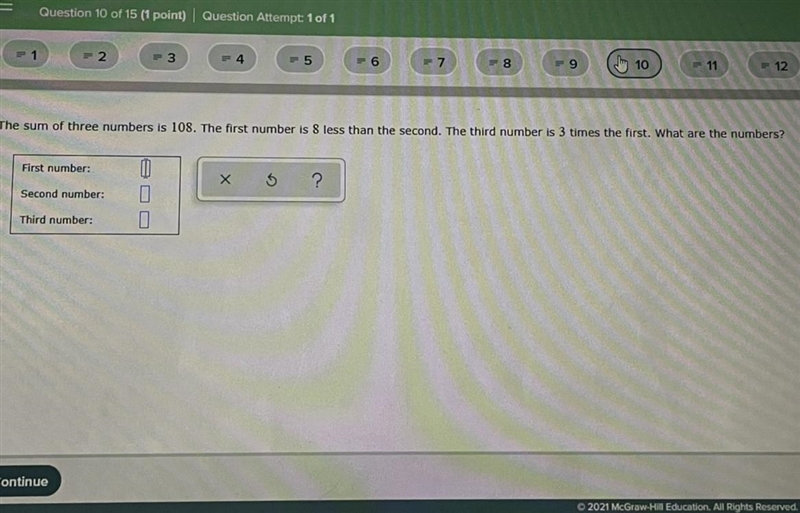 The sum of 3 numbers is 108. The first number is 8 less than the second. The third-example-1