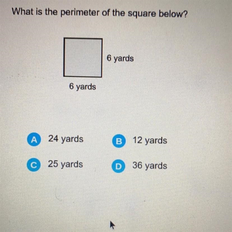 What is the perimeter of the square? A. 24 yards B. 12 yards C. 25 yards D. 36 yards-example-1