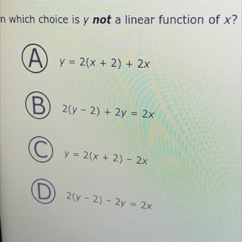 In which choice is y not a linear function of x? PLEASE HELP IM CONFUSED-example-1