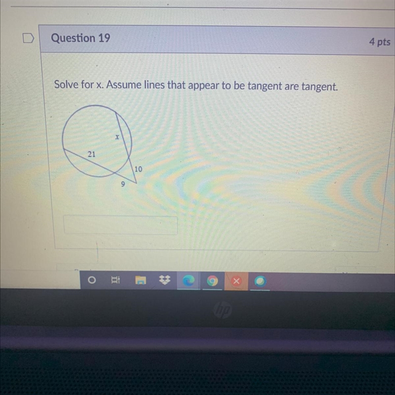 Solve for x. Assume lines that appear to be tangent are tangent. 21 10 9-example-1