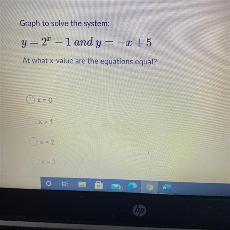 Graph to solve the system: y= 2x- 1 and y = -x + 5 At what x-value are the equations-example-1