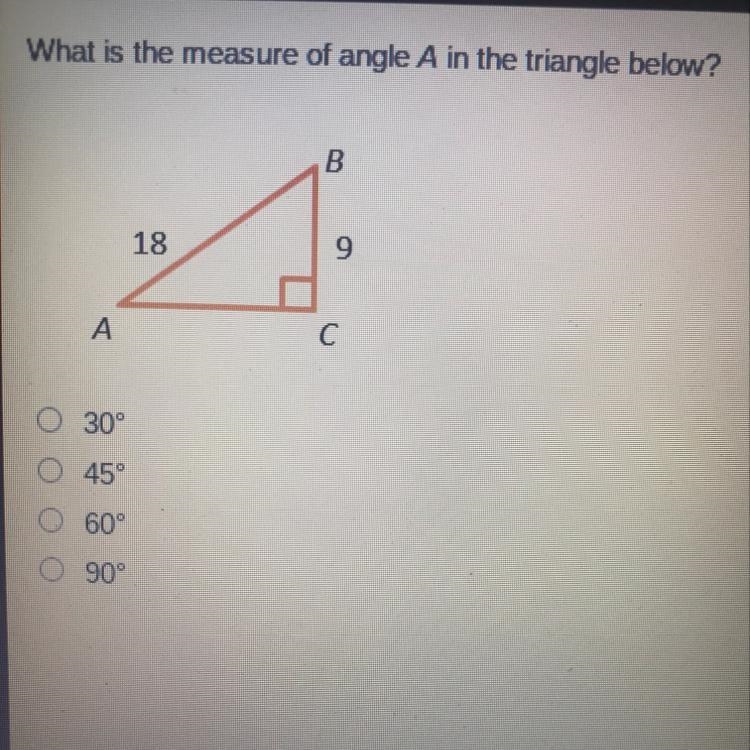 What is the measure of angle A in the triangle below?-example-1