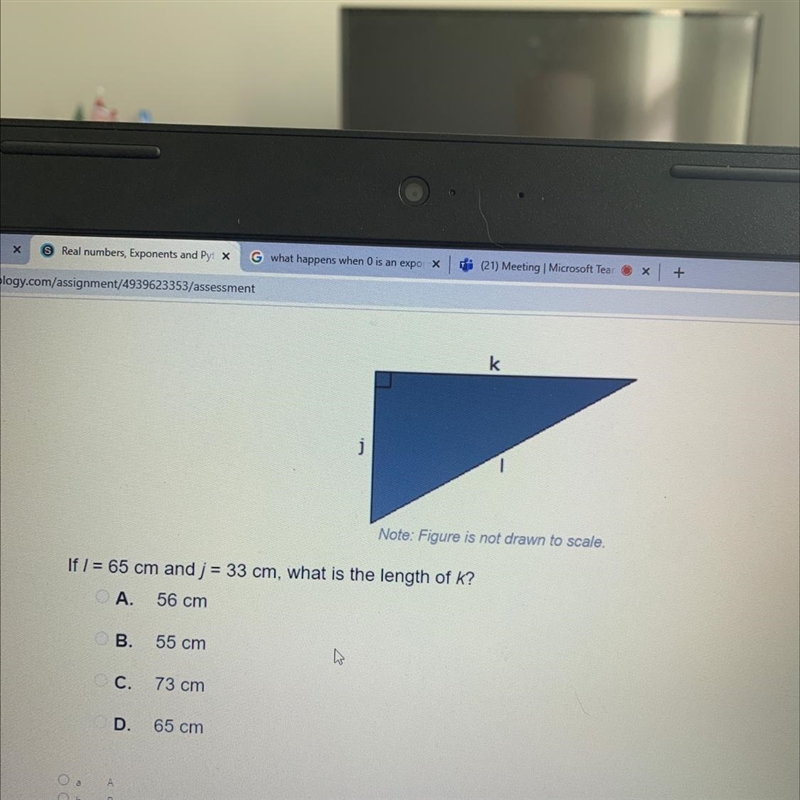 If I=65 cm and j=33 cm, what is the length of k?-example-1