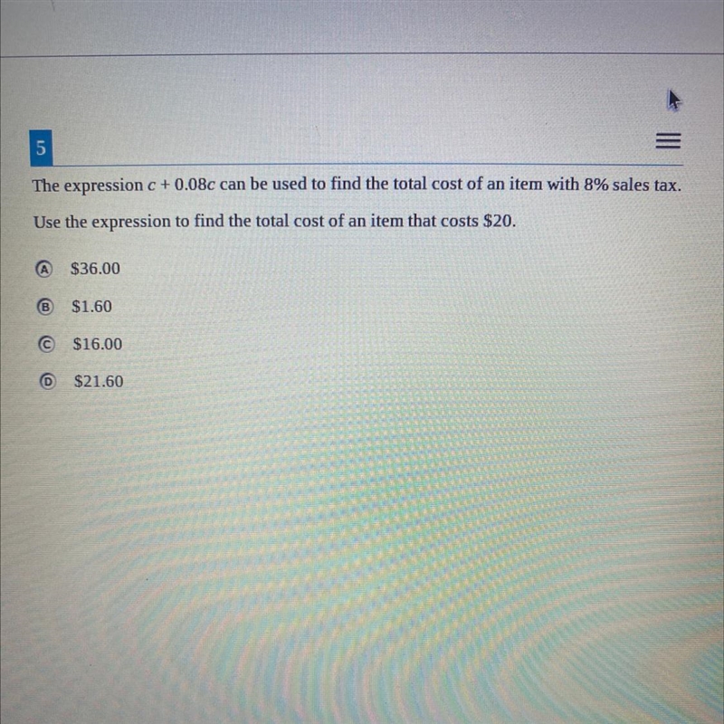 The expression c +0.08c can be used to find the total cost of an item with 8% sales-example-1