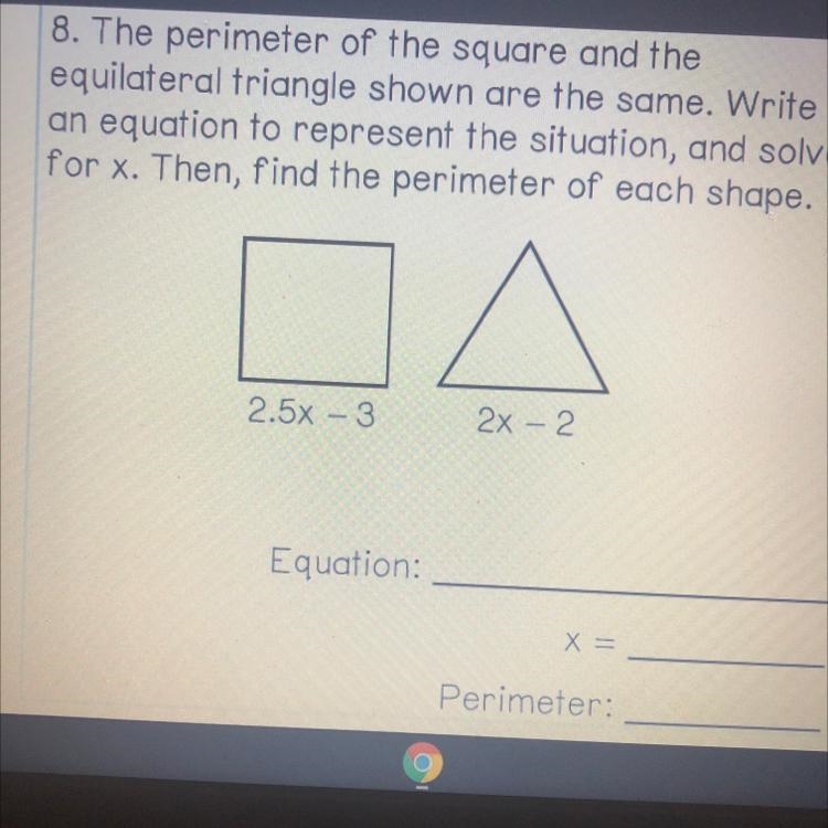 Plz someone answer this for me asap ! Find the perimeter of each shape Equation : X-example-1