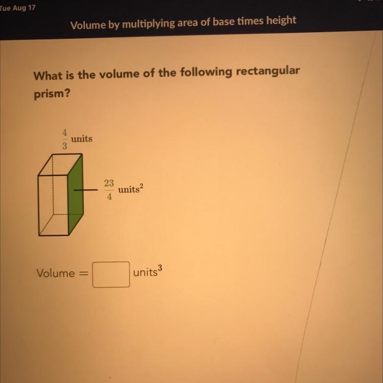 What is the volume of the following rectangula prism? 4 units 3 23 units 4-example-1