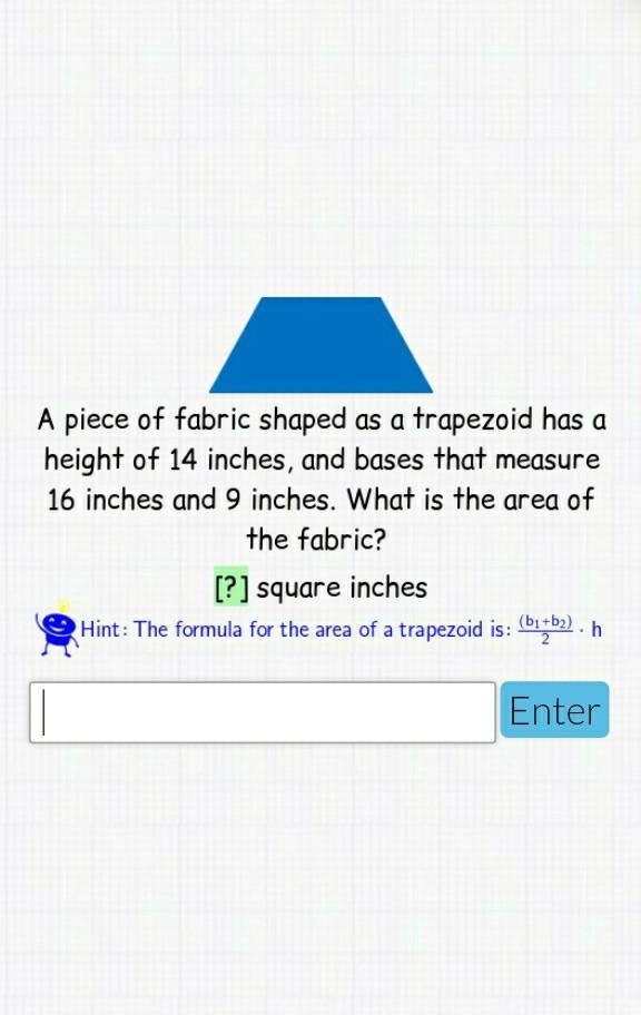 A piece of fabric shaped as a trapezoid has a height of 14 inches, and bases that-example-1