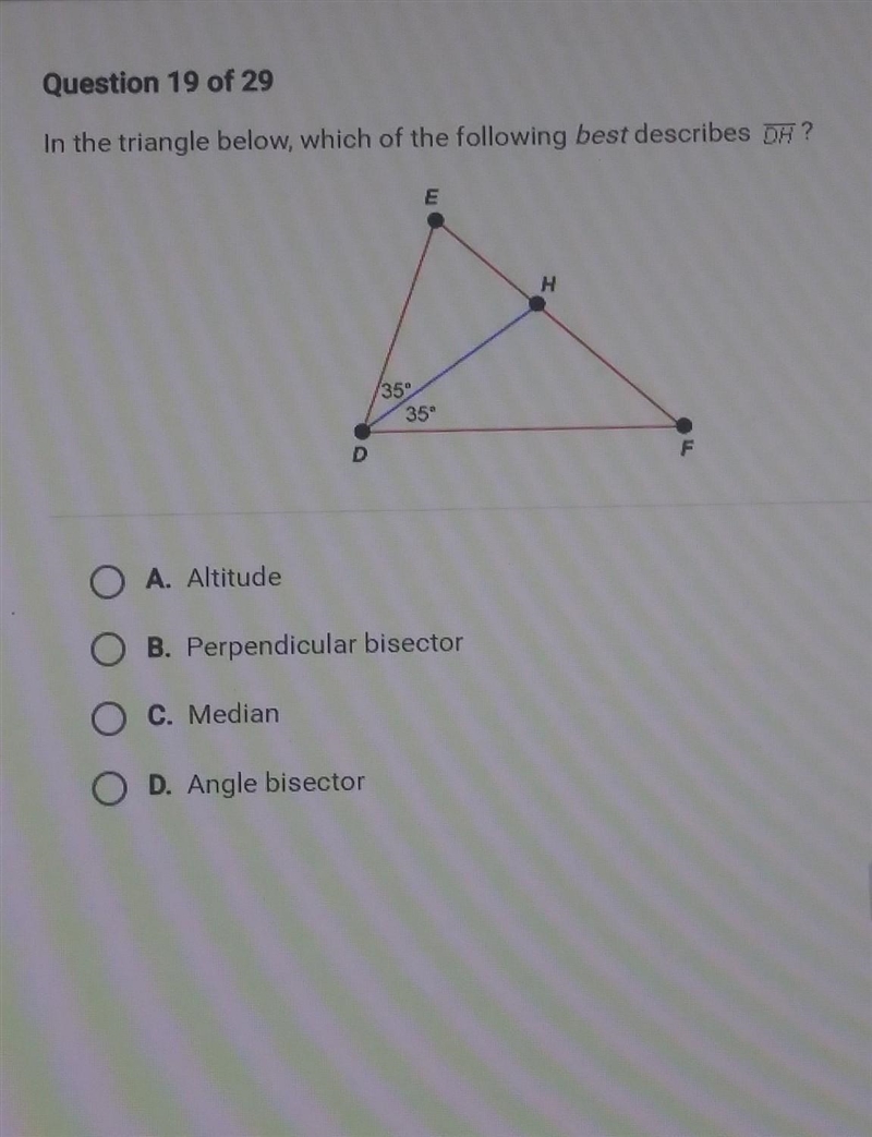 In the triangle below which of the following best describes dh​-example-1