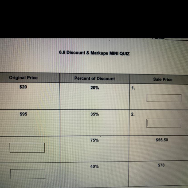 Original Price Percent of Discount Sale Price $20 20% 1. $95 35% 2. T 75% $55.50 3. 40% $78 4. Blank-example-1