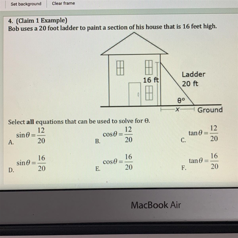 4. (Claim 1 Example) Bob uses a 20 foot ladder to paint a section of his house that-example-1