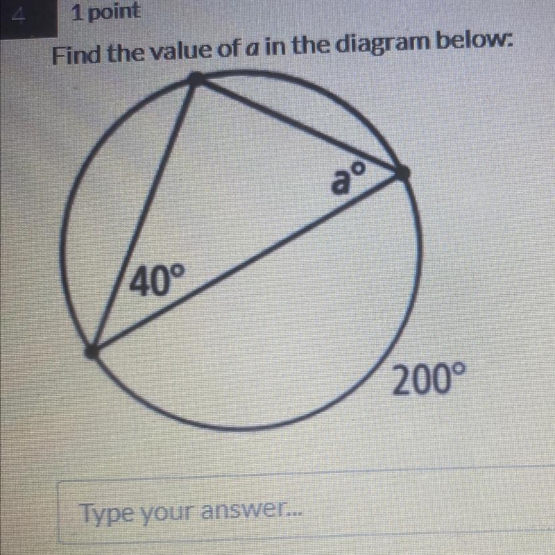 Find the value of a in the diagram below: 20 40° 200°-example-1