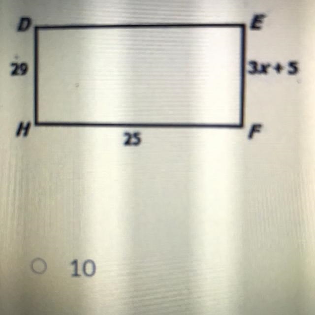 What is the value of X in rectangle DEFH A. 10 B. 8 C. 15 D. 29-example-1