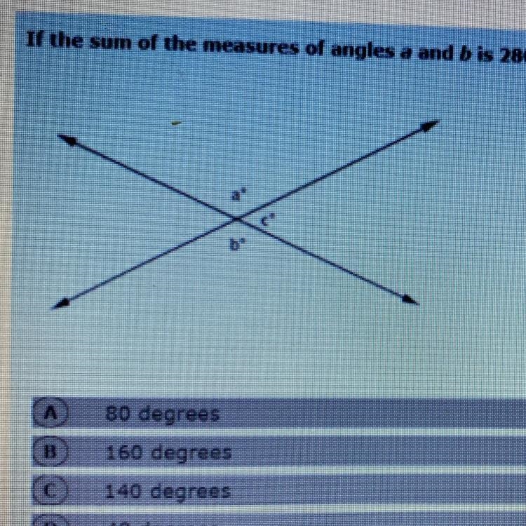 If the sum of measures of angle a and b is 280 degrees, what is the measure of angle-example-1