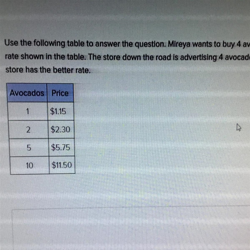 use the following table to answer the question. mireya wants to buy 4 avocados. the-example-1