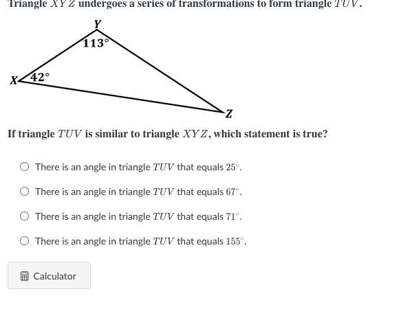 Triangle X Y Z undergoes a series of transformations to form triangle T U V .-example-1