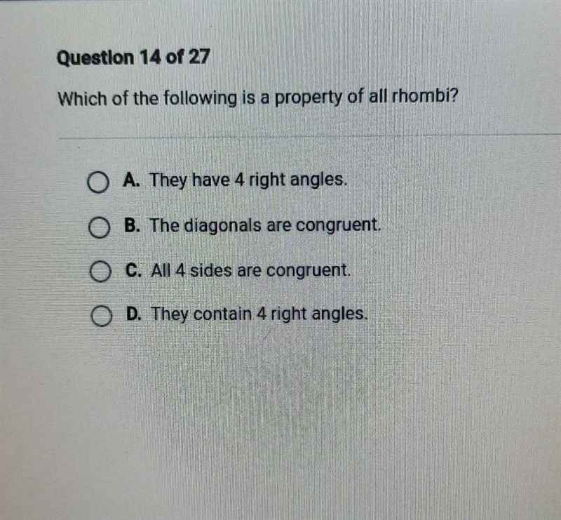 Which of the following is a property of all rhombi? O A. They have 4 right angles-example-1