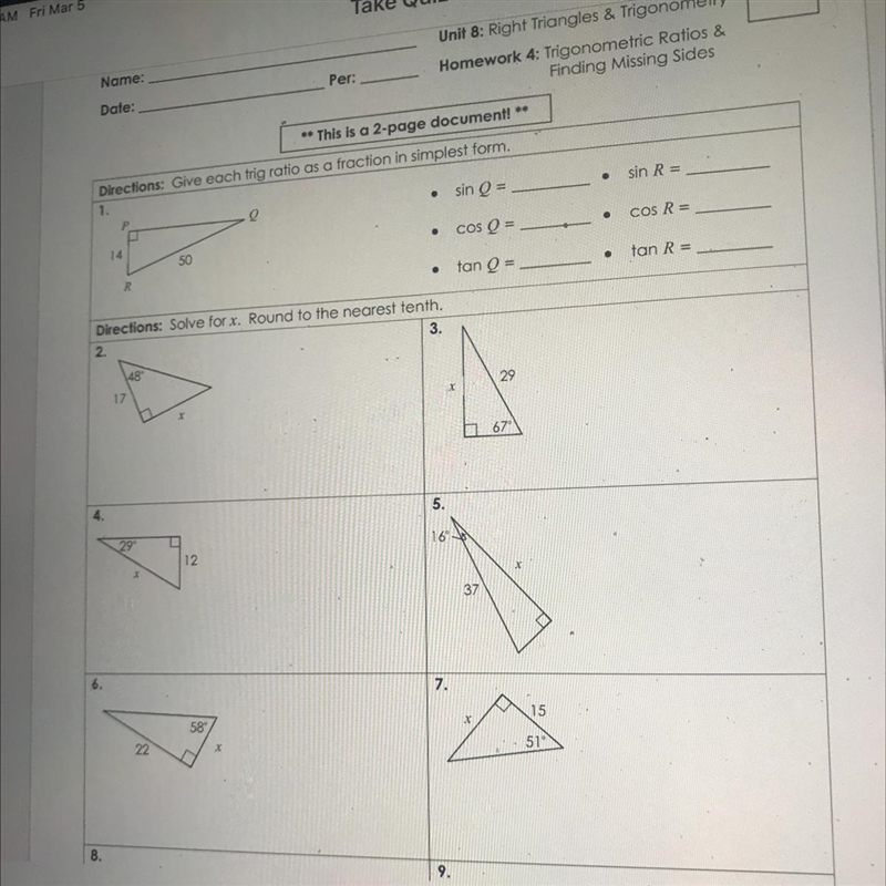 Unit 8 homework 4 Trigonometry: Ratios & Finding Missing Sides-example-1