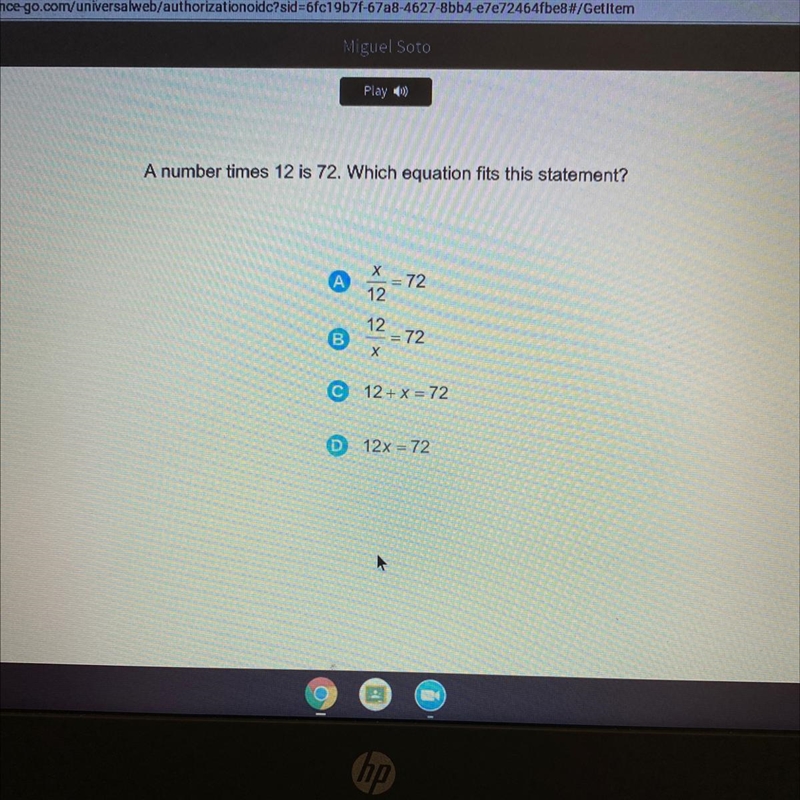 A number time 12 is 72. Which equation fits this statement?-example-1