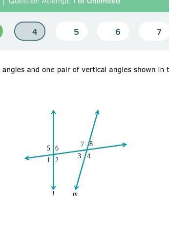 Give one pair of supplementary angles and one pair of vertical angles shown in the-example-1