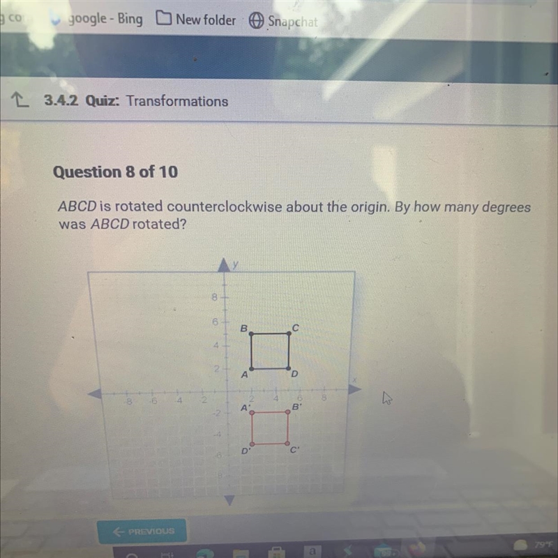 ABCD is rotated counterclockwise about the origin. By how many degrees was ABCD rotated-example-1