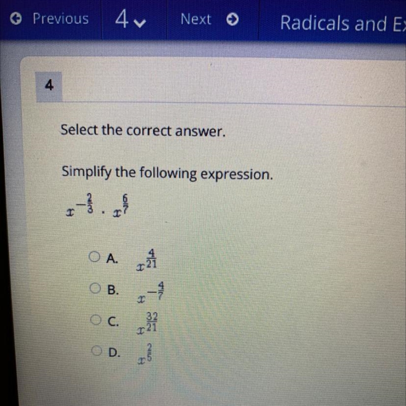 Select the correct answer. Simplify the following expression.-example-1