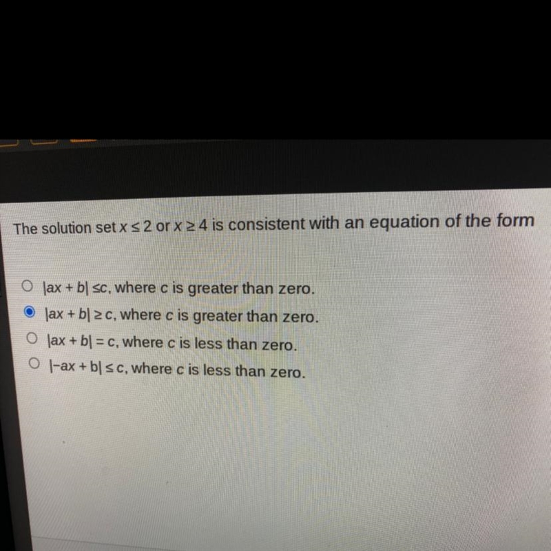 PLEASE ANSWER FAST The solution set x s2 or x> 4 is consistent with an equation-example-1