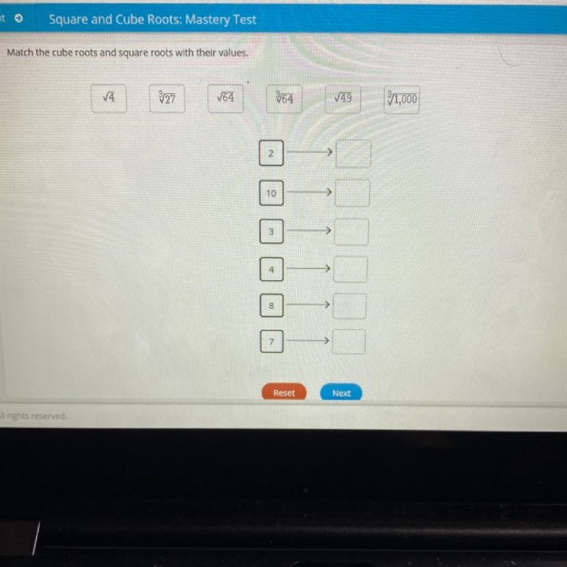 Match the cube roots and square roots with their values. V4 327 64 364 49 31,000 2 10 3 4 8 7-example-1
