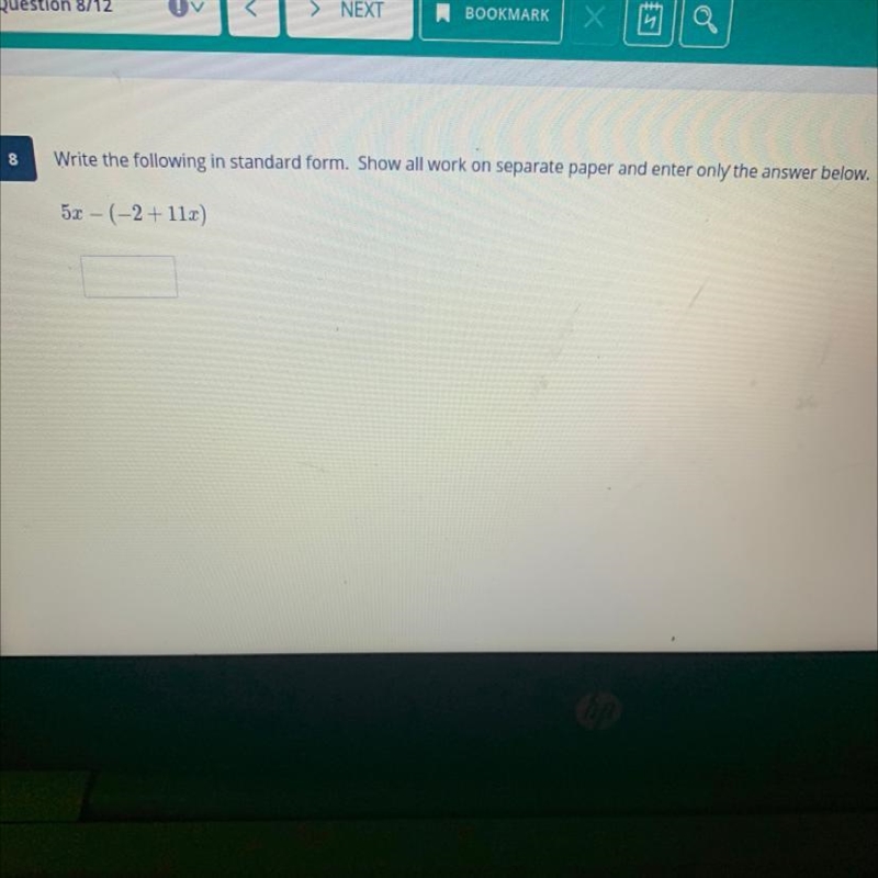 Write the following in standard form. Show all work. 5x – (-2+11x)-example-1