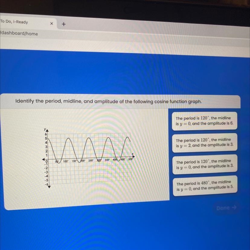 Identify the period midline and amplitude of the following cosine function graph? - someone-example-1