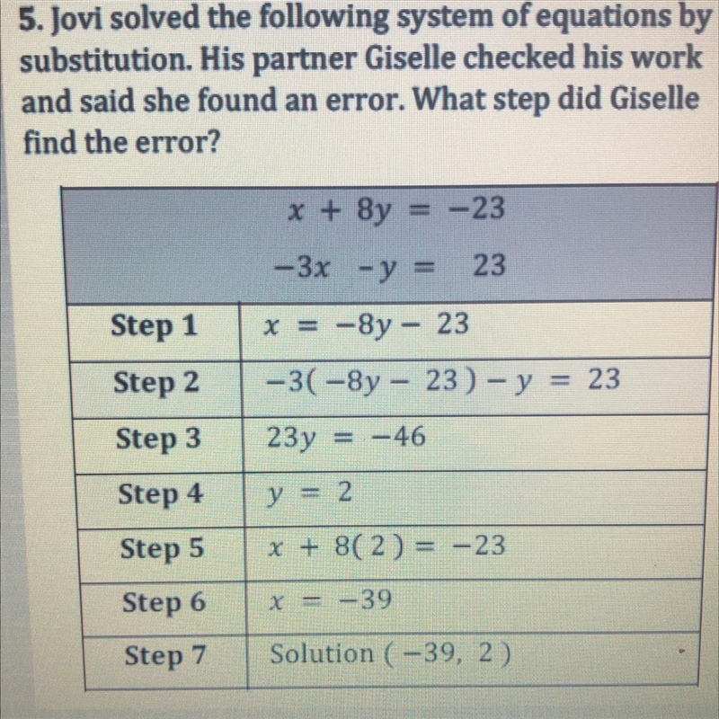 5. Jovi solved the following system of equations by substitution. His partner Giselle-example-1