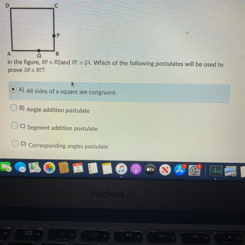 In the figure, BP = BQ and PC = QA. Which of the following postulates prove AB = BC-example-1