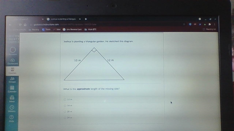 joshua is planting a triangular garden he sketched his diagram measurements are 12m-example-1