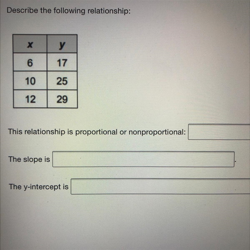 Х y 6 17 10 25 12 29 This relationship is proportional or nonproportional: The slope-example-1