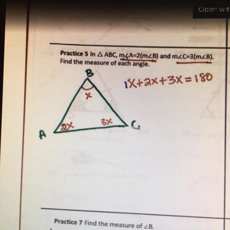 1x+2x+3x=180 find the measure of each angles.-example-1